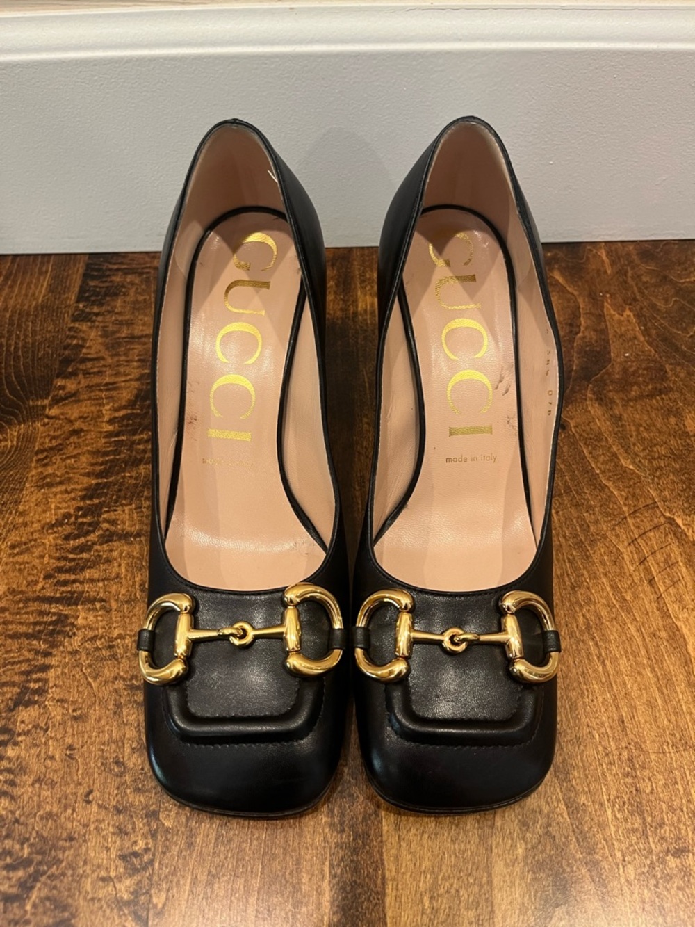Gucci Square Toe Horsebit Black Pumps, Size 38.5